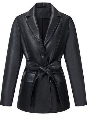 Women’s Black Faux Leather Blazer Jacket with Belt Soft PU Coat